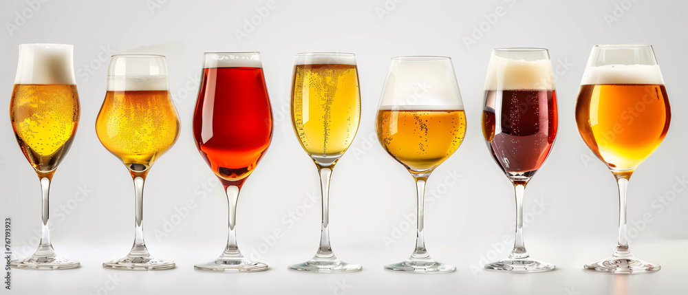 Variety of beer glasses on table - obrazy, fototapety, plakaty 