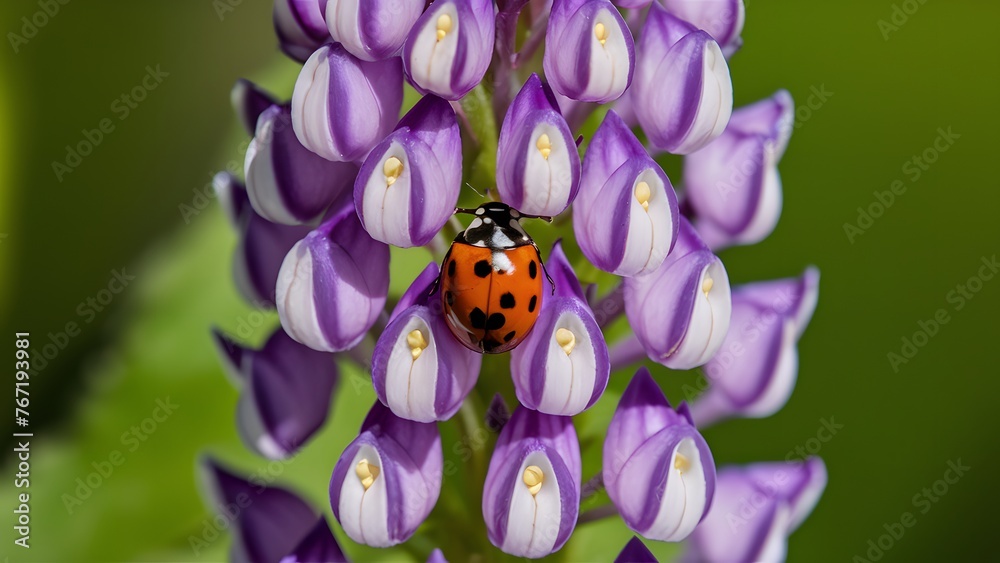 Fototapeta premium Picture Ladybug on violet lupine flower in summer garden