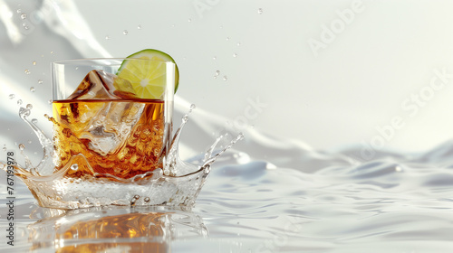 Glass of whiskey with ice and lime slice