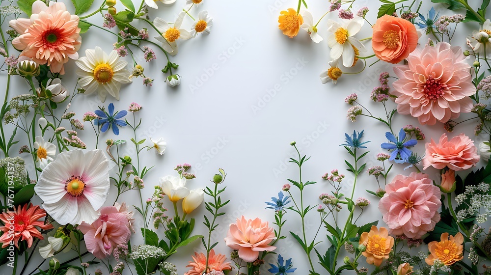 Floral and botanical background, Abstract pattern with spring flowers on a white background Floral and botanical background, Abstract pattern with spring flowers on a white background