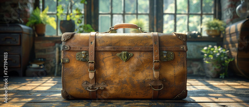 Vintage suitcase packed for travel photo