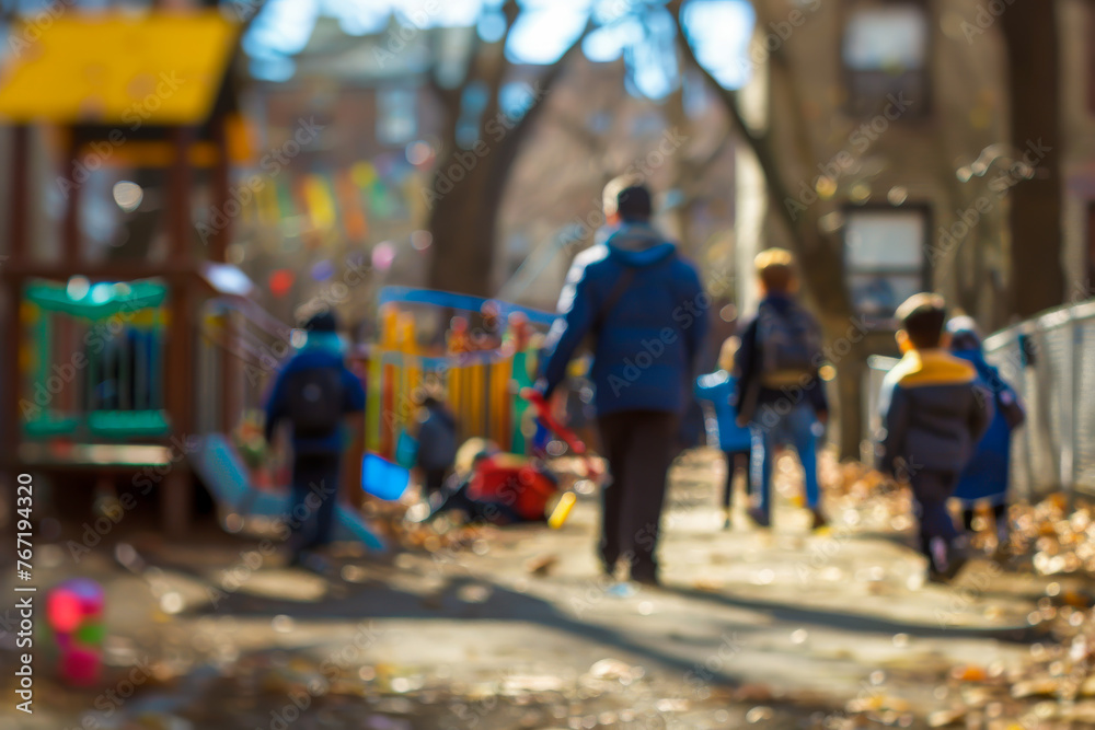 Fototapeta premium A tilt-shift image of a teacher in a schoolyard during recess, the teacher in sharp focus while the background is blurred.