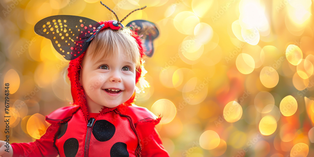 A toddler girl dressed as a ladybug, her tiny wings fluttering with excitement