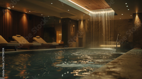 Modern hotel spa pool with waterfall and ambient lighting