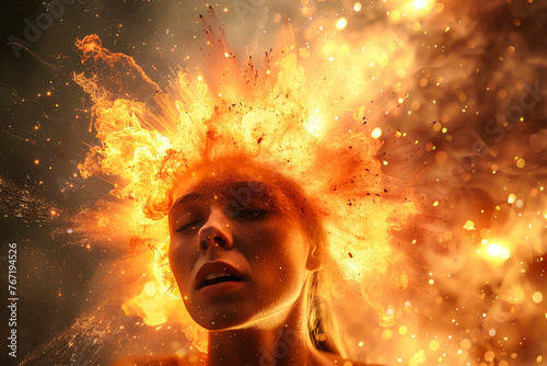 A woman's head is on fire, surrounded by a cloud of smoke and sparks. The image is a creative and surreal representation of the woman's inner turmoil and the chaos of her emotions