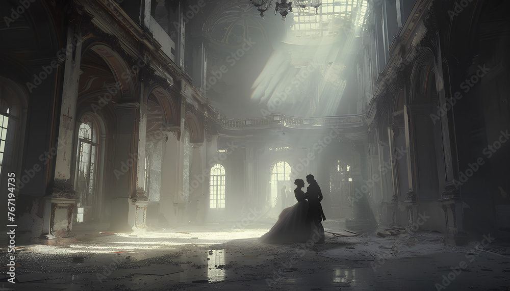 ghostly couple in 18th century ballroom attire dances a waltz in a huge abandoned palace ballroom - obrazy, fototapety, plakaty 