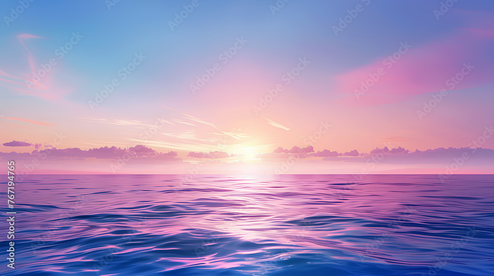 A beautiful blue ocean with a pink sky in the background. The sky is a mix of pink and purple, creating a serene and calming atmosphere. The water is calm and still