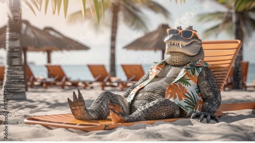 Vacation rest in hot country beach concept. Relaxed funny crocodile alligator iguana in sunglasses s