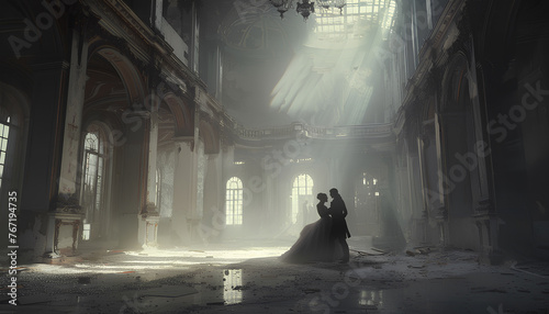 ghostly couple in 18th century ballroom attire dances a waltz in a huge abandoned palace ballroom