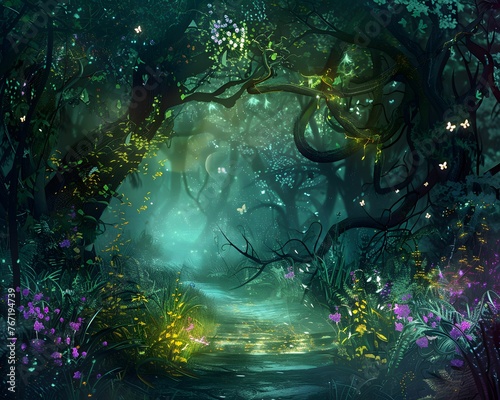 Enchanted forest path, magical creatures lurking, adventure awaits