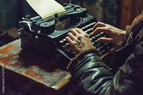 An aspiring writer sits at a vintage typewriter, fingers tapping rhythmically photo