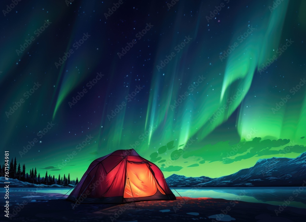 Tent Illuminated by Aurora Borealis in Lake