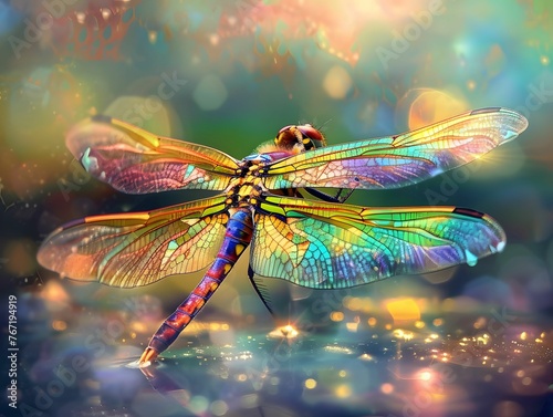 Fierce dragonfly, iridescent wings, ponds agile hunter © Jiraphiphat