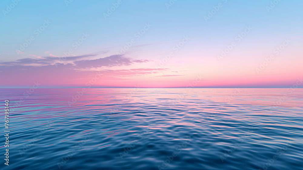 A beautiful blue ocean with a pink sky in the background. The sky is a mix of pink and purple, creating a serene and calming atmosphere. The water is calm and still