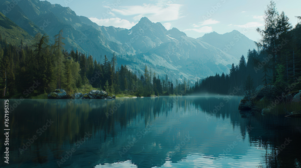 Crystal clear mountain lake with alpine forest and peaks