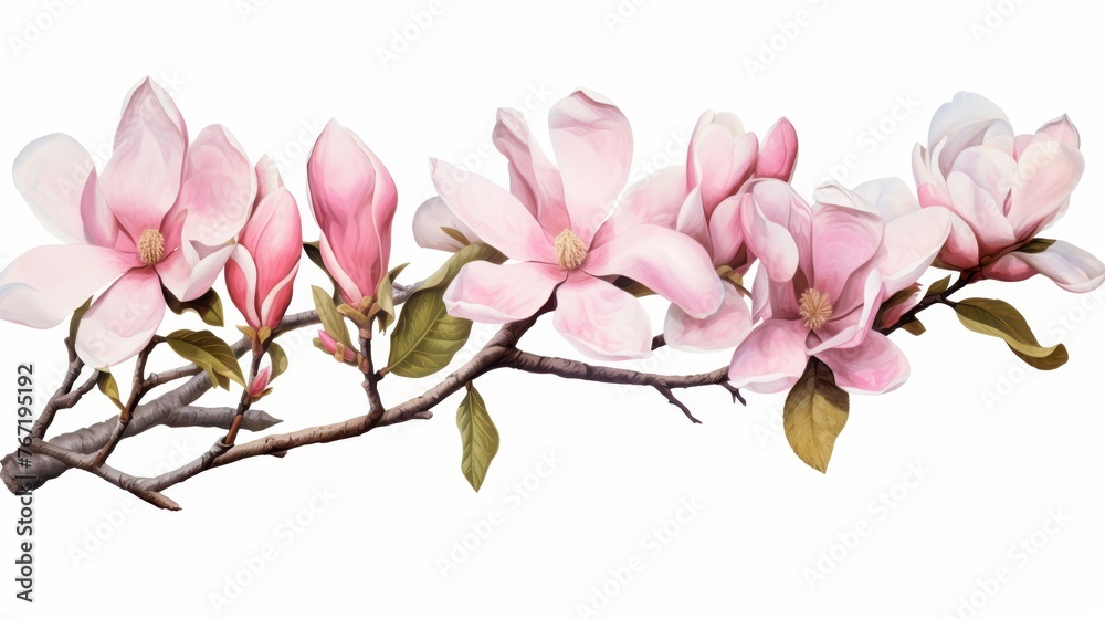 Isolated pink magnolia branch with spring flowers on white background for design