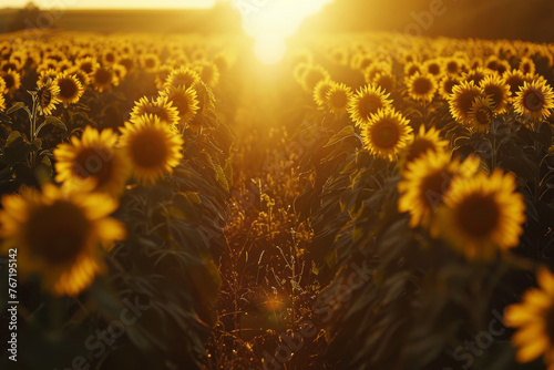 Golden hour sunlight over sunflower field