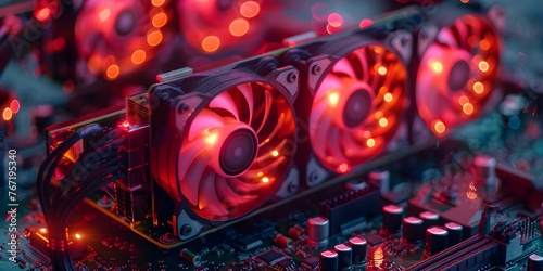 Closeup of illuminated CPU cooling fans on a high-performance computer. Concept Technology, Computers, Cool Lighting, Mechanical Engineering, High Performance
