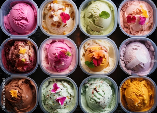 Tray filled with different colored ice creams photo