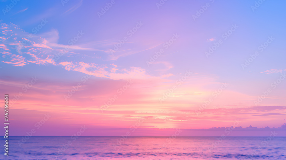 Fototapeta premium A beautiful blue ocean with a pink sky in the background. The sky is a mix of pink and purple, creating a serene and calming atmosphere. The water is calm and still