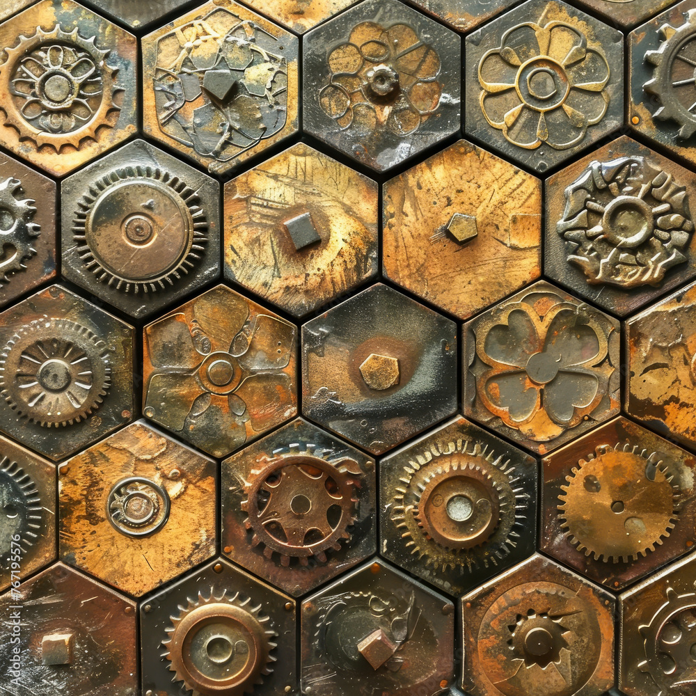 Hexagonal tiles with intricate gears and cogs. Imagine a Victorian-era factory floor