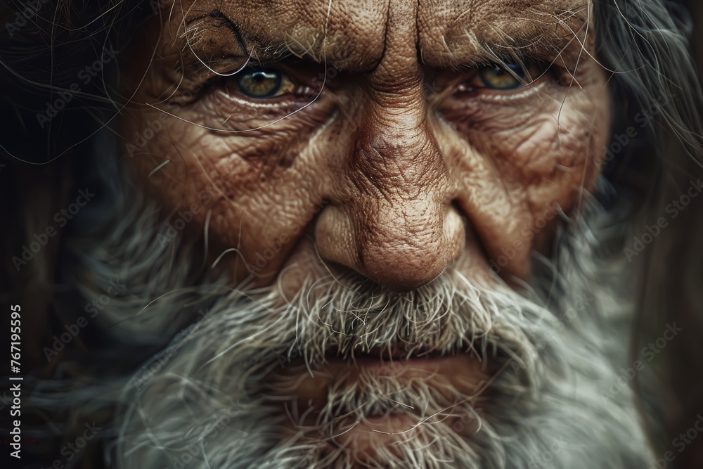 High cheekbones and weathered skin that tells stories of generations past. His eyes hold ancient knowledge, and his hair is streaked with silver close up, portrait