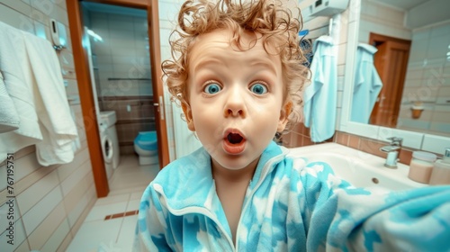 Cute toddler kid boy wearing pajamas with a surprised face, afraid and excited with curiousness expr