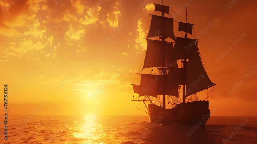 Pirate ship at sunset, sails against the orange sky, freedom on the waves
