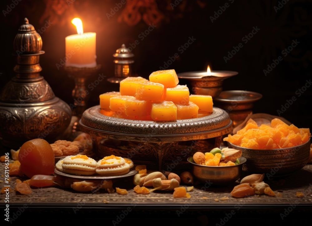 Traditional indian sweets displayed elegantly on ornamental tableware with candlelight ambiance