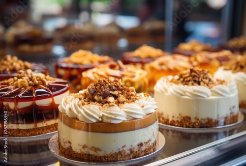 Assorted cakes displayed in bakery case