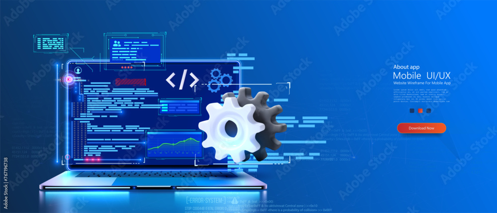 An open laptop displaying advanced code and programming interfaces with holographic projections and a cogwheel symbolizing development. Futuristic Coding and Development Concept on Laptop. Vector - obrazy, fototapety, plakaty 