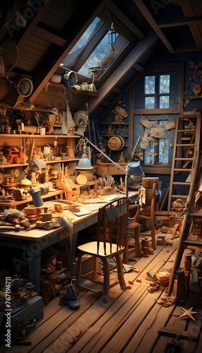 Wooden toys in the workshop of an old craftsman in the village