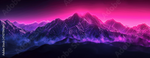 Neon Wilderness: Majestic Mountain Ranges Under a Luminous Pink Sky © Mbrhan