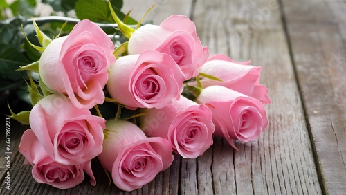 Pink roses over wooden table  ideal for Valentines Day