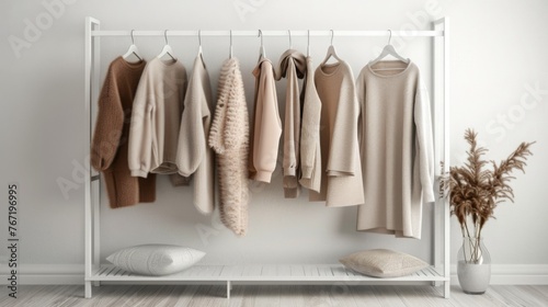 Modern women's neutral color autumn capsule wardrobe with different sweaters on light grey backgroun