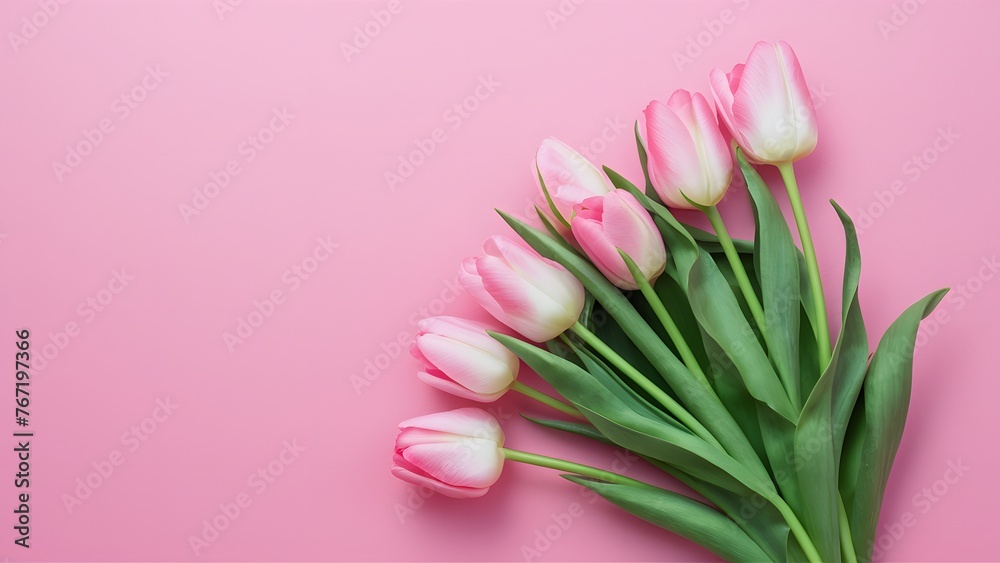 Pink tulips bouquet on pink background for Mothers Day