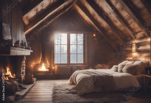 A cozy cabin style bedroom with a fireplace rustic decor and wooden beams