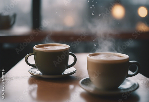 A cozy coffee shop on a rainy day with steaming mugs and p
