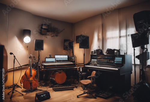 A music room with instruments and a recording studio