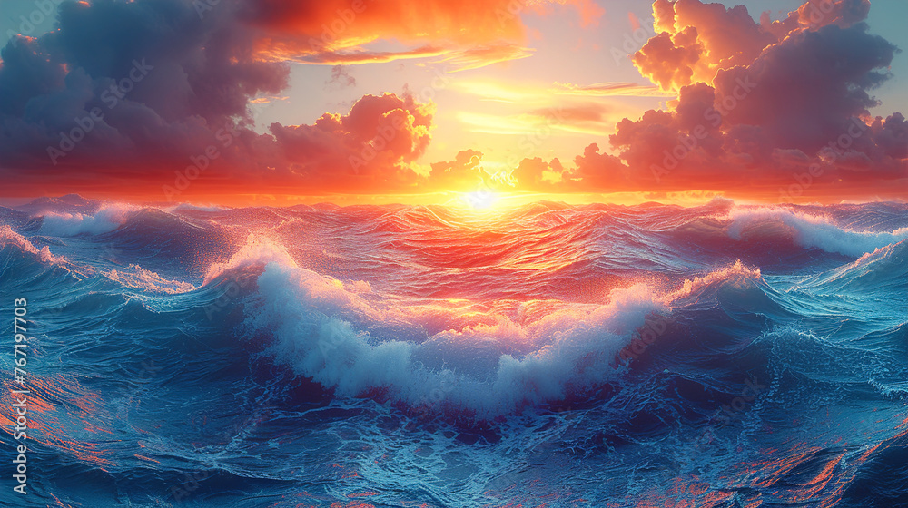 Obraz premium Ocean Sunrise Drenched Waves Meditation Background