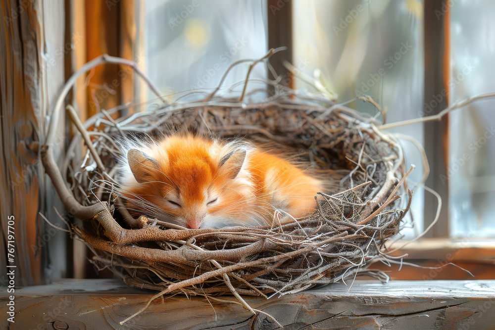 Kitten napping in a twig nest by the window