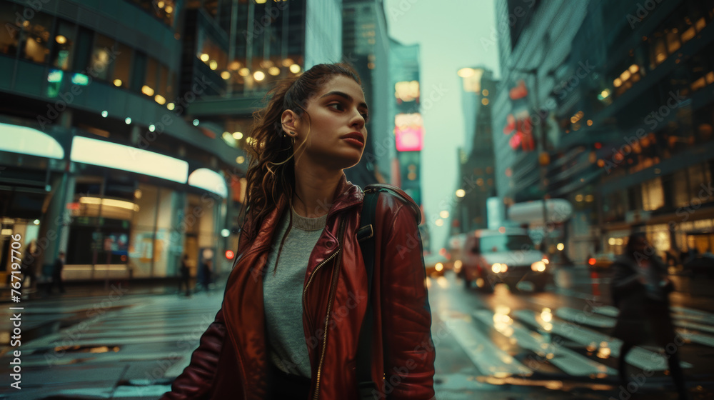 Young woman in a red jacket walking in a rainy cityscape Young woman in a red jacket walking in a rainy cityscape