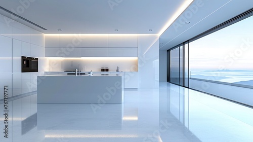 A minimalist, modern kitchen interior, with sleek lines, reflective surfaces, and a monochromatic color scheme