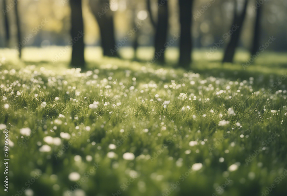 Beautiful blurred background image of spring nature with a neatly trimmed lawn surrounded by trees Beautiful blurred background image of spring nature with a neatly trimmed lawn surrounded by trees