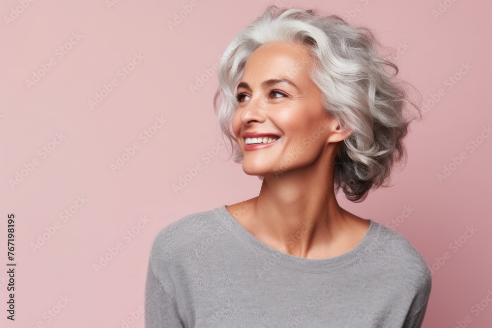 Close up portrait of a beautiful smiling middle aged woman with grey hair, isolated on pink background Close up portrait of a beautiful smiling middle aged woman with grey hair, isolated on pink background