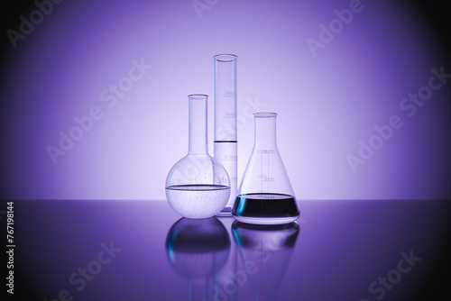 Vibrant Laboratory Glassware with Blue Liquid on Reflective Surface