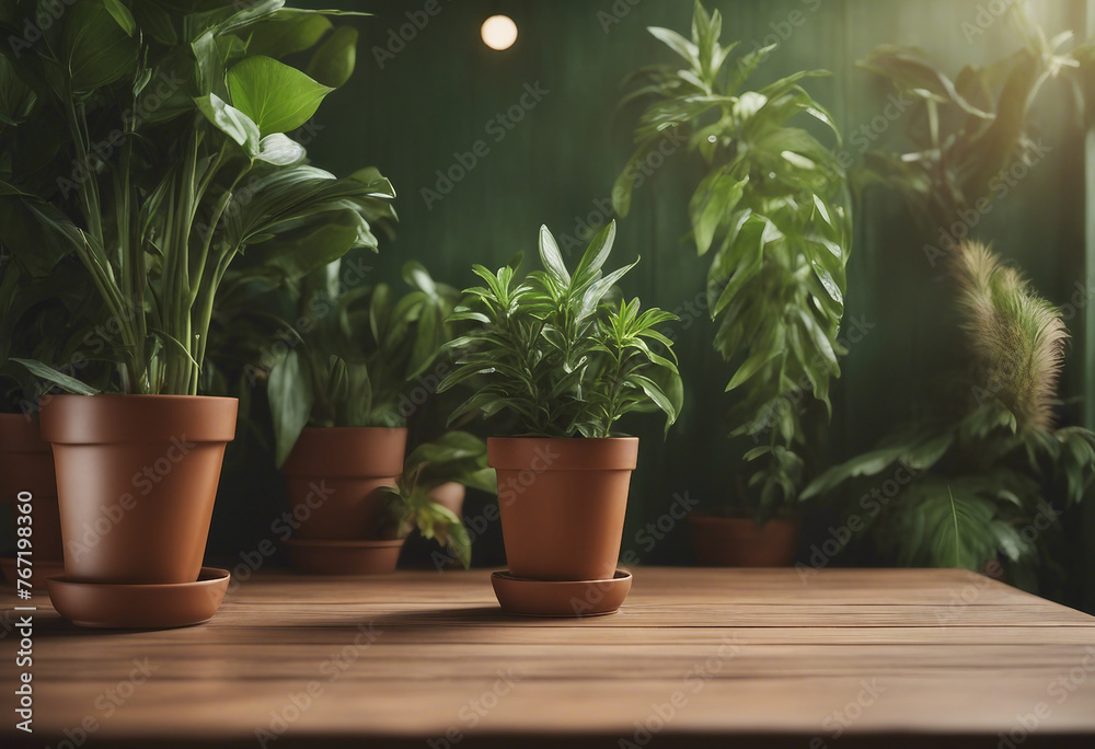 Brown wooden table with potted plants and green wall background High quality photo Brown wooden table with potted plants and green wall background High quality photo
