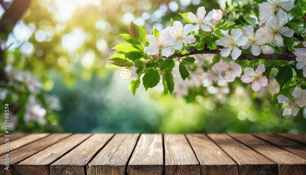 spring flowers on wooden table, Close up an empty wooden table on nature outdoors in sunlight in garden background with Spring beautiful background with green lush young foliage and flowering branches
