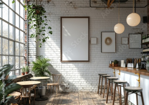 Stylish scandinavian dining room interior with mock poster frame, wooden table, furniture, cup of coffee, flowers, cement fruits and elegant accessories. Ready to use. Template. Modern home and restau