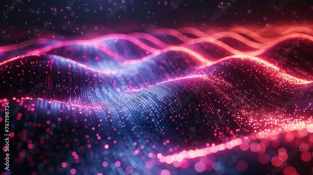 Obraz premium Abstract high-tech background for presentations and websites. Big data background with glowing dynamic lines, binary code. Futuristic neon stripes.